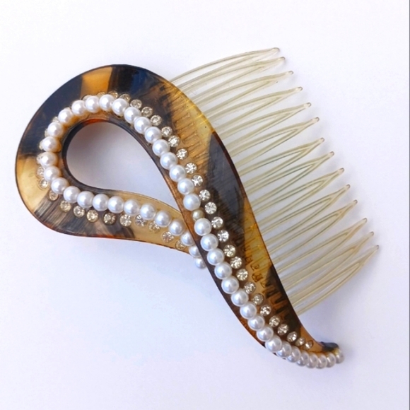 VINTAGE HAIRCOMB tortoise shell faux pearls rhinestones hairclip large - Picture 3 of 7